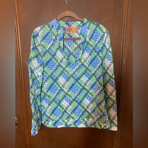 Tory Burch Blue and Green Geometric Blouse